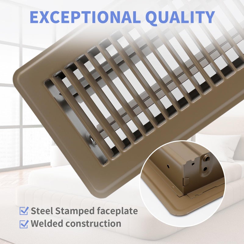 Howeall 4 × 12 بوصة سجل أرضي 2 عبوة - فتحات أرضية قابلة للمشي من الفولاذ الثقيل - رافعة إمداد الهواء سهلة الضبط - أغطية فتحات تهوية للمنزل (بني) - Image 2