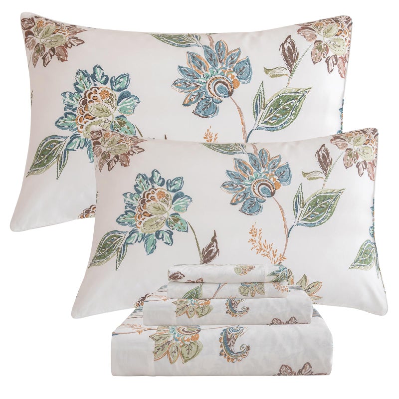 Lady Ann Boho Sheets Sets Percale Printed Sheets Queen Botanical Leaves Flower Pattern Printed Bed Queen Size - Image 1