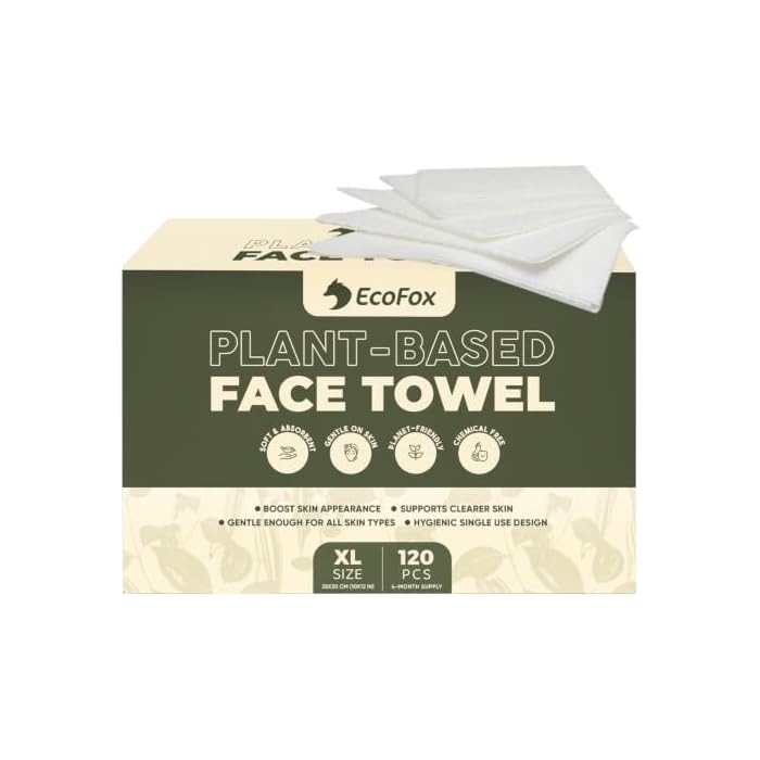 EcoFox Clean Face Towels XL | Disposable Facial Washcloths, Ultra-Absorbent, Hypoallergenic & Soft Towelettes | Dual-Textured, Lint-Free Makeup Remover Dry Wipes, 10x12 Inch | PETA-Approved (120 Pack)