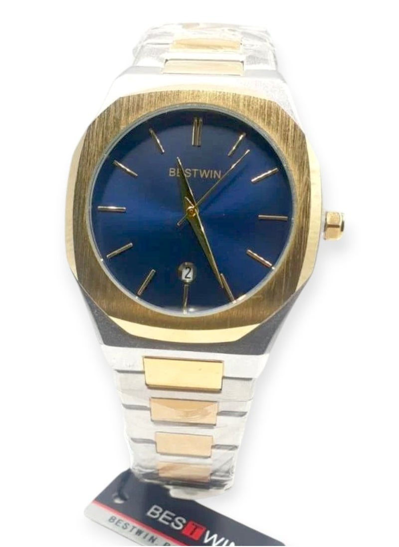 Bestwin Slim men's watch, limited edition from Bestwin, silver and gold bracelet with blue dial 
