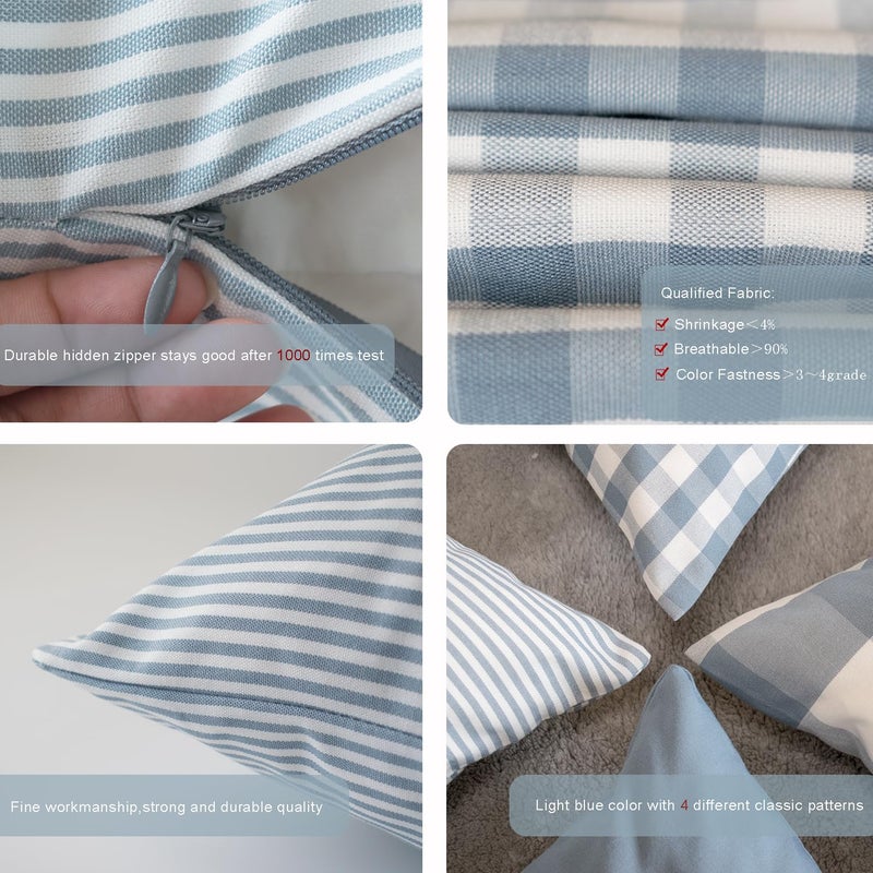 HOPLEE HOPLEE Light Blue Pillow Cover Cushion Cover with Buffalo Plaid  Solid Light Blue  Striped and Gingham Plaid Design 22x22 Inches 4 Pack  - Image 4
