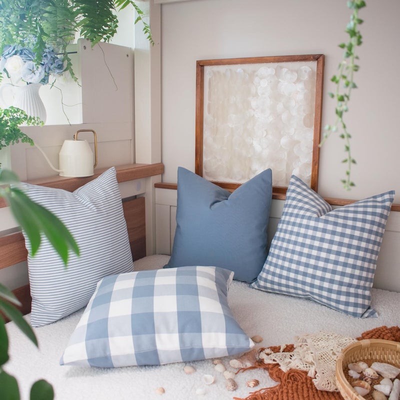 HOPLEE HOPLEE Light Blue Pillow Cover Cushion Cover with Buffalo Plaid  Solid Light Blue  Striped and Gingham Plaid Design 22x22 Inches 4 Pack  - Image 2