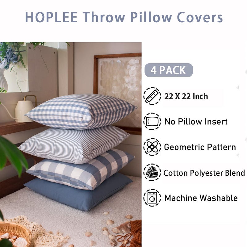 HOPLEE HOPLEE Light Blue Pillow Cover Cushion Cover with Buffalo Plaid  Solid Light Blue  Striped and Gingham Plaid Design 22x22 Inches 4 Pack  - Image 3