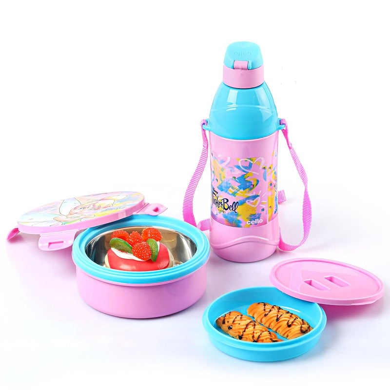 Cello CELLO Tiffy Tinker Bell Gift Set Insulated Lunch Box & Water Bottle for Kids | Tiffin Box 460 ml, Water Bottle 400 ml, Pink & Blue | Leak Proof | Easy to Clean | Ideal for School, Picnic  - Image 1