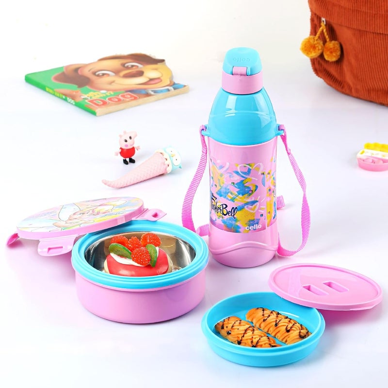 Cello CELLO Tiffy Tinker Bell Gift Set Insulated Lunch Box & Water Bottle for Kids | Tiffin Box 460 ml, Water Bottle 400 ml, Pink & Blue | Leak Proof | Easy to Clean | Ideal for School, Picnic  - Image 2