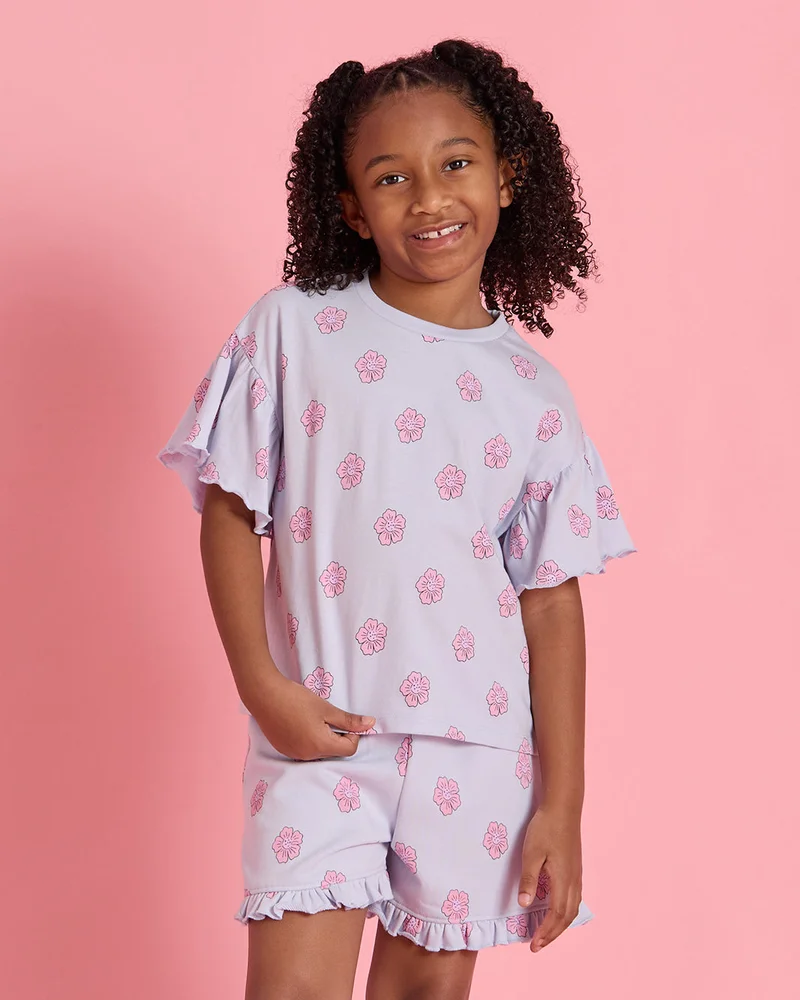 Redtag Girls Blue Printed T-Shirt And Shorts Set