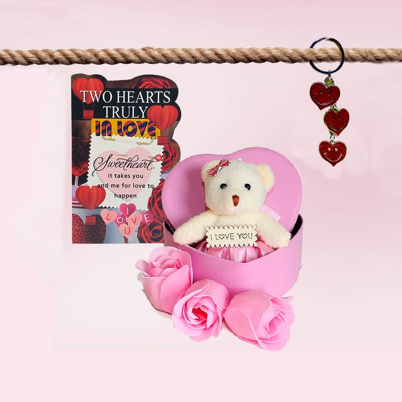 Natali Traders Valentine Day Love Gift for Girlfriend Boyfriend Heart Shape Box with 3 Scented Rose with Soft Toy Love Greeting Card Couple Key Chain Anniversary Birthday Gift
