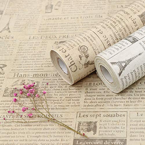 TANONE Beige Newspaper Wallpaper 17.7" x 78.7"Self Adhesive Vintage Black Locker Contact Paper Peel and Stick Wallpaper for Countertops Cabinets Decorative Furniture - Image 1