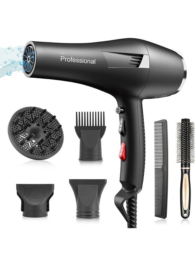 Faszin مجفف شعر أيوني احترافي للصالونات، مجفف شعر بقوة 2400 واط، محرك تيار متردد، تجفيف سريع مع سرعتين و3 إعدادات للحرارة وزر تبريد مع فوهة موزع ومشط تركيز للشعر المجعد والمستقيم - Image 1