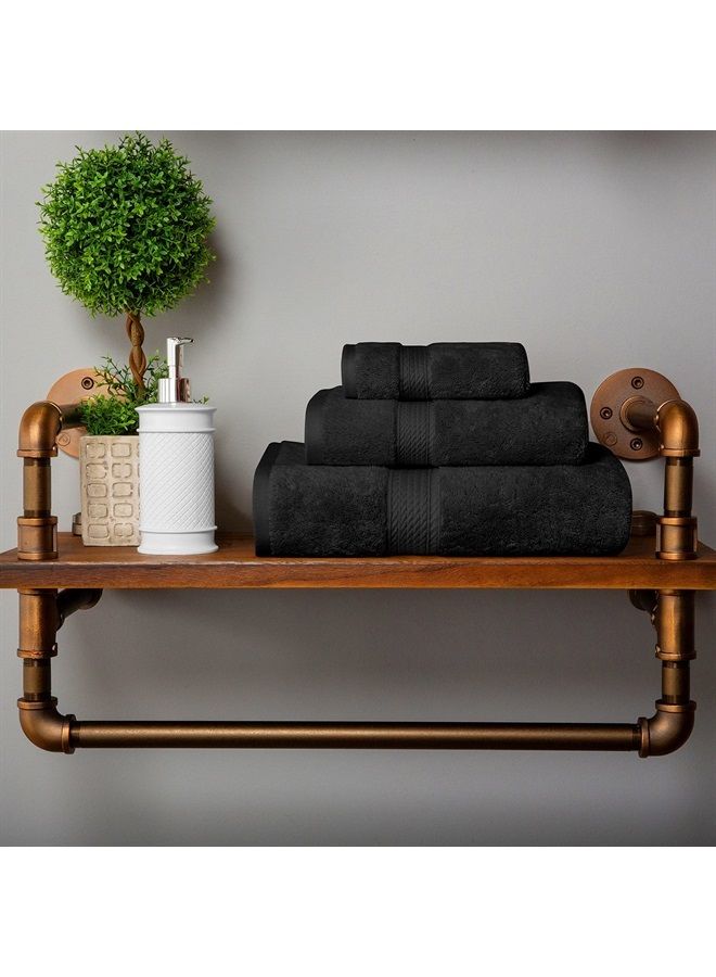 Superior مجموعة مناشف قطنية مصرية صلبة ممتازة، منشفة يد 20” × 30”، منشفة استحمام 30” × 55”، قطعة قماش 13” × 13”، سوداء، 3 قطع - Image 2