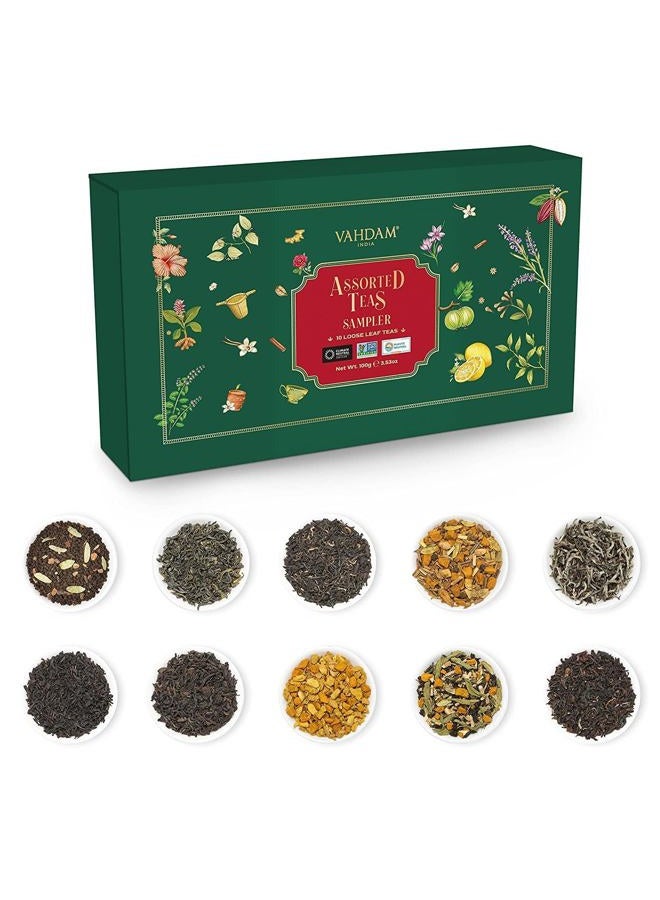 Top 10 Favourites Tea Sampler Set | Loose Leaf Tea (50+ Cups) | Tea Variety Pack with Green, Herbal, Black & Chai Brew | Vacuum Sealed For Freshness | Brew Hot & Cold