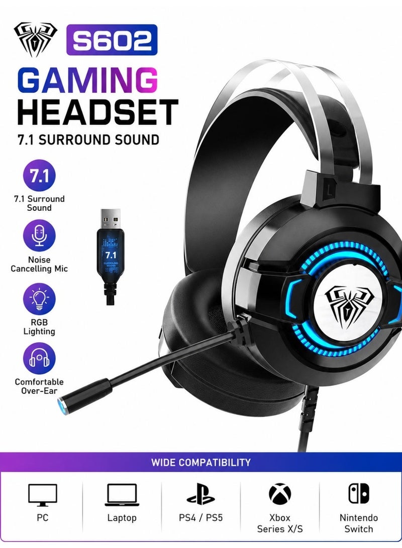 AULA S602 Gaming Headset with Noise Cancelling Mic, Wired Gaming Headphones 7.1 Surround Sound RGB Over Ear Headset for PC, PS5, PS4, Xbox Series X/S, Laptop & Nintendo Switch, Black - Image 1