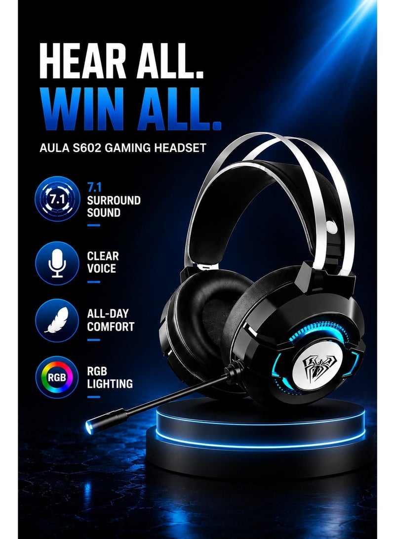 AULA S602 Gaming Headset with Noise Cancelling Mic, Wired Gaming Headphones 7.1 Surround Sound RGB Over Ear Headset for PC, PS5, PS4, Xbox Series X/S, Laptop & Nintendo Switch, Black - Image 5
