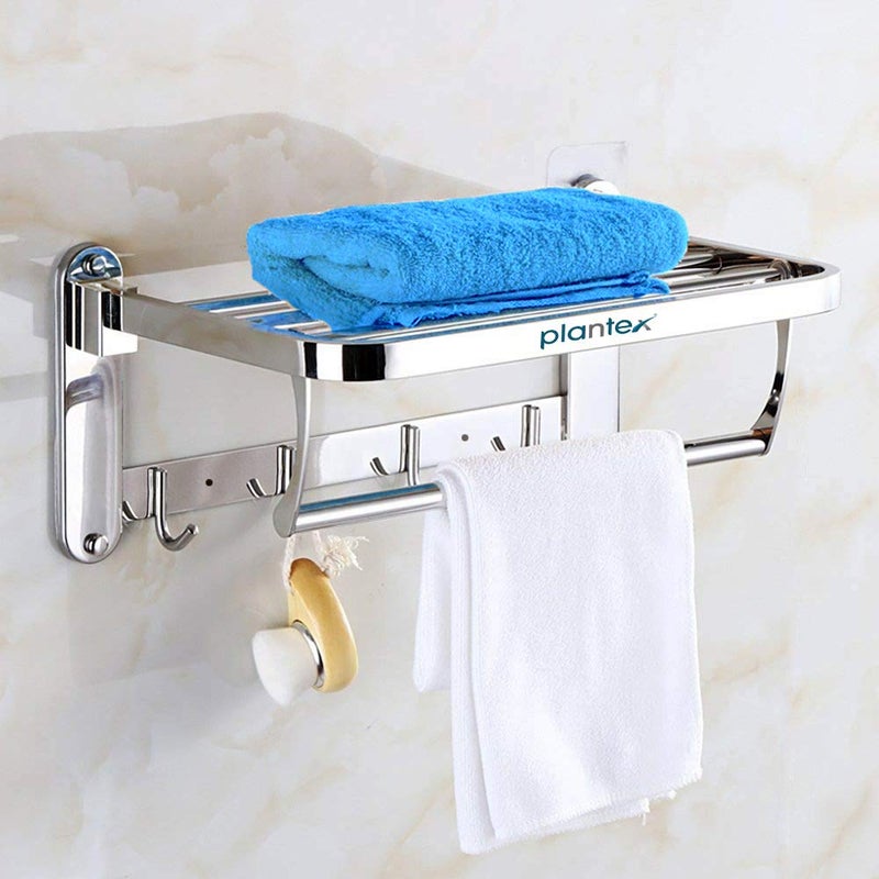 Plantex Bathroom Accessories-Stainless Steel 304 Grade Folding Towel Rack/Towel Hanger/Bathroom Organizer(24 Inch-Chrome) - Image 1