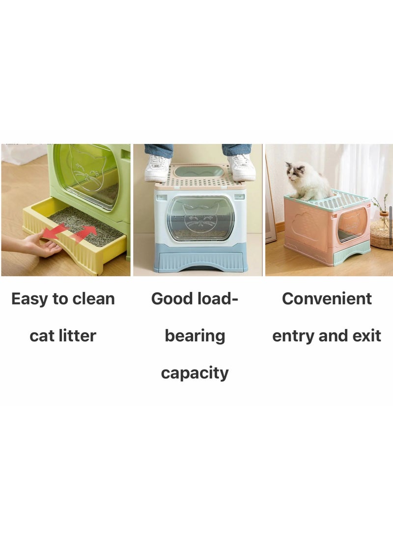 Large Foldable Cat Litter Box with Lid and Kitty Litter Scoop Drawer Front Entry u0026 Top Exit Covered Kitten Box - Image 5