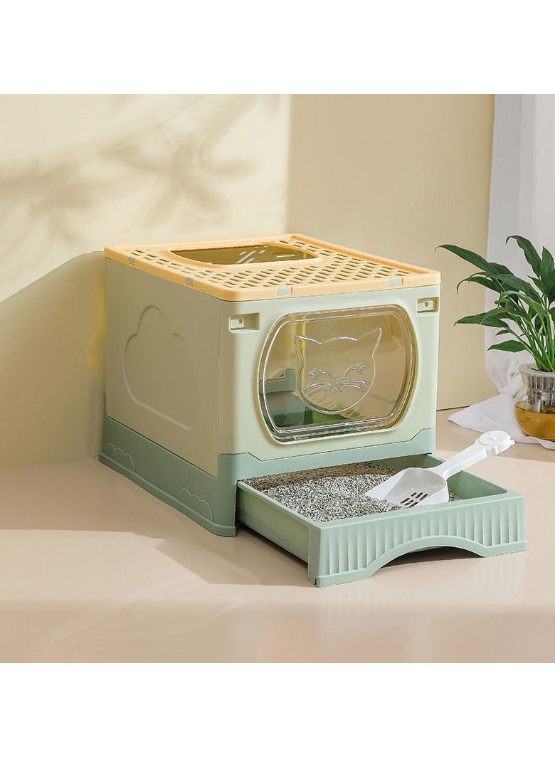 Large Foldable Cat Litter Box with Lid and Kitty Litter Scoop Drawer Front Entry u0026 Top Exit Covered Kitten Box - Image 1