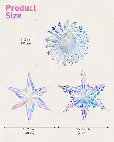Vomika 3PCS Iridescent Decoration Ornaments Hanging Decorations Iridescent Snowflakes Fan Starry Snowflake Hexagram Stars Garland for Home Decorations Wedding Birthday Christmas Parties Vomika - Image 3