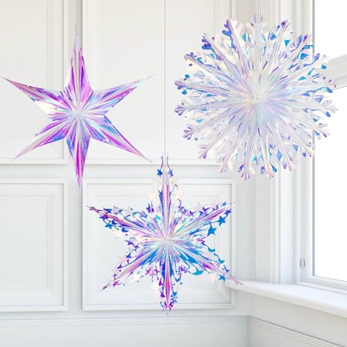 Vomika 3PCS Iridescent Decoration Ornaments Hanging Decorations Iridescent Snowflakes Fan Starry Snowflake Hexagram Stars Garland for Home Decorations Wedding Birthday Christmas Parties Vomika - Image 1