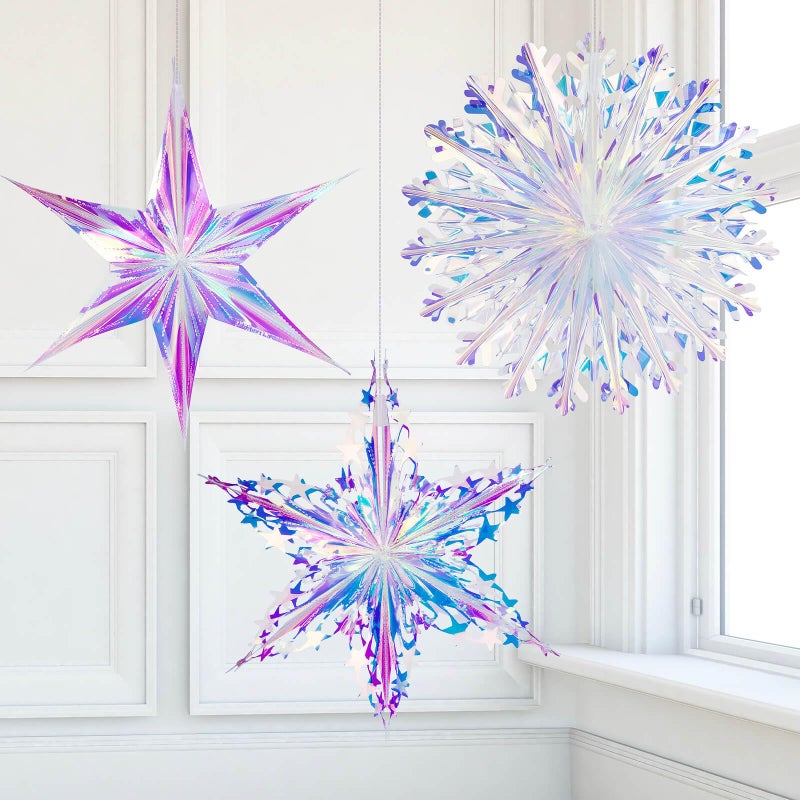 Vomika 3PCS Iridescent Decoration Ornaments Hanging Decorations Iridescent Snowflakes Fan Starry Snowflake Hexagram Stars Garland for Home Decorations Wedding Birthday Christmas Parties Vomika - Image 2