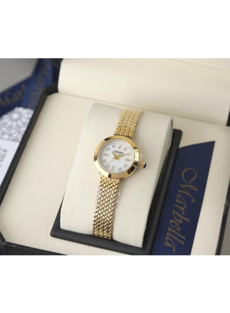 Elegant women's watch with a gold mesh bracelet and a round dial studded with crystals