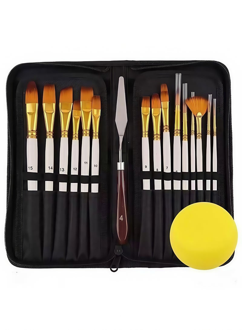18-Piece Paint Brush Set – 15 Nylon Brushes with Standing Organizer & Sponge for Acrylic, Watercolor & Oil Painting (White) - Image 1