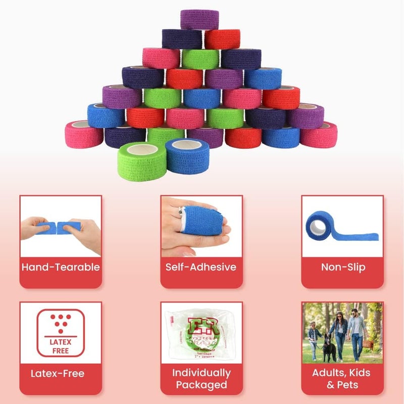 Ever Ready First Aid ضمادات لاصقة ذاتية الالتصاق للإسعافات الأولية من إيفر ريدي لعلاج الالتواءات والتورمات للرياضة والحيوانات الأليفة بألوان قوس قزح 1 × 5 يارد 30 قطعة - Image 2
