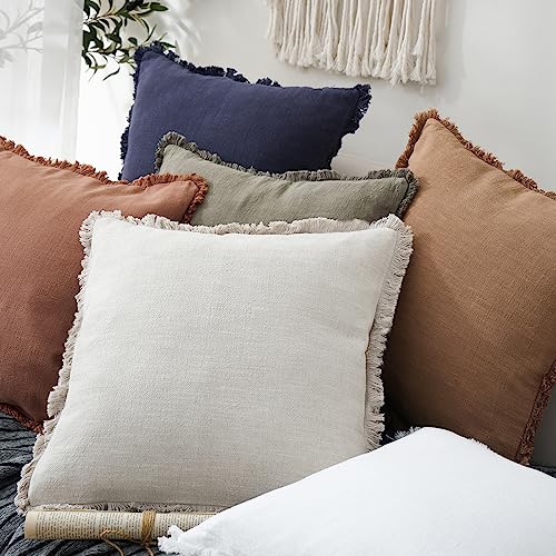 Foindtower Set of 2 Decorative Linen Fringe Throw Pillow Covers Cozy Farmhouse Boho Cushion Cover with Tassels Soft Accent Pillowcase for Couch Sofa Bed Living Room Home Decor 20×20 Inch Beige - Image 5