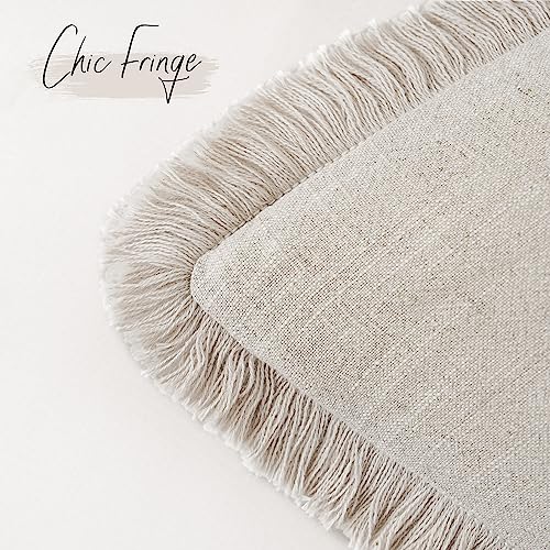 Foindtower Set of 2 Decorative Linen Fringe Throw Pillow Covers Cozy Farmhouse Boho Cushion Cover with Tassels Soft Accent Pillowcase for Couch Sofa Bed Living Room Home Decor 20×20 Inch Beige - Image 3