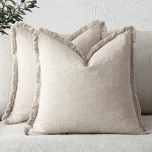 Foindtower Set of 2 Decorative Linen Fringe Throw Pillow Covers Cozy Farmhouse Boho Cushion Cover with Tassels Soft Accent Pillowcase for Couch Sofa Bed Living Room Home Decor 20×20 Inch Beige - Image 1