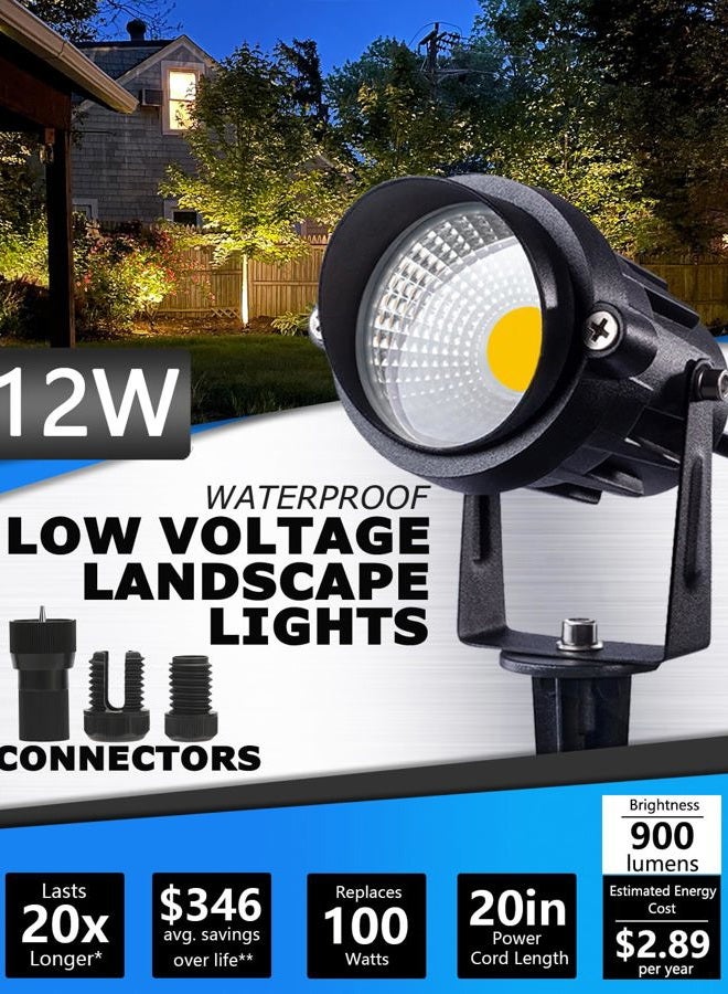 SUNVIE 12W Low Voltage LED Landscape Lights with Connectors, Outdoor 12V Super Warm White (900LM) Waterproof Garden Pathway Lights Wall Tree Flag Spotlights with Spike Stand (10 Pack with Connector) - Image 2