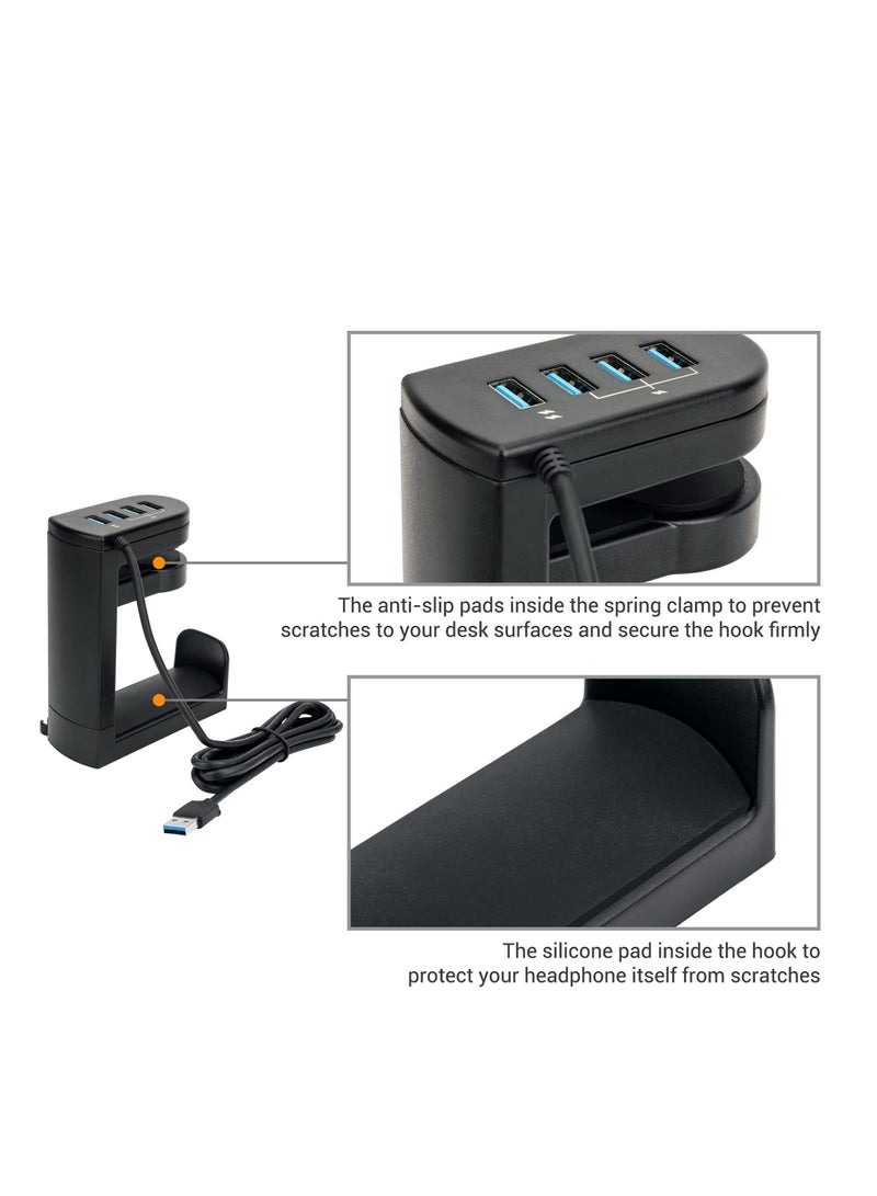 Captaintech Headphone Stand with USB Charger, 360° Swivel Headset Hanger and Adjustable Springed Clamp, Under Desk Space Save Mount Fold Headset Holder with USB 3.0 x1 + USB 2.0 x3 - Image 5