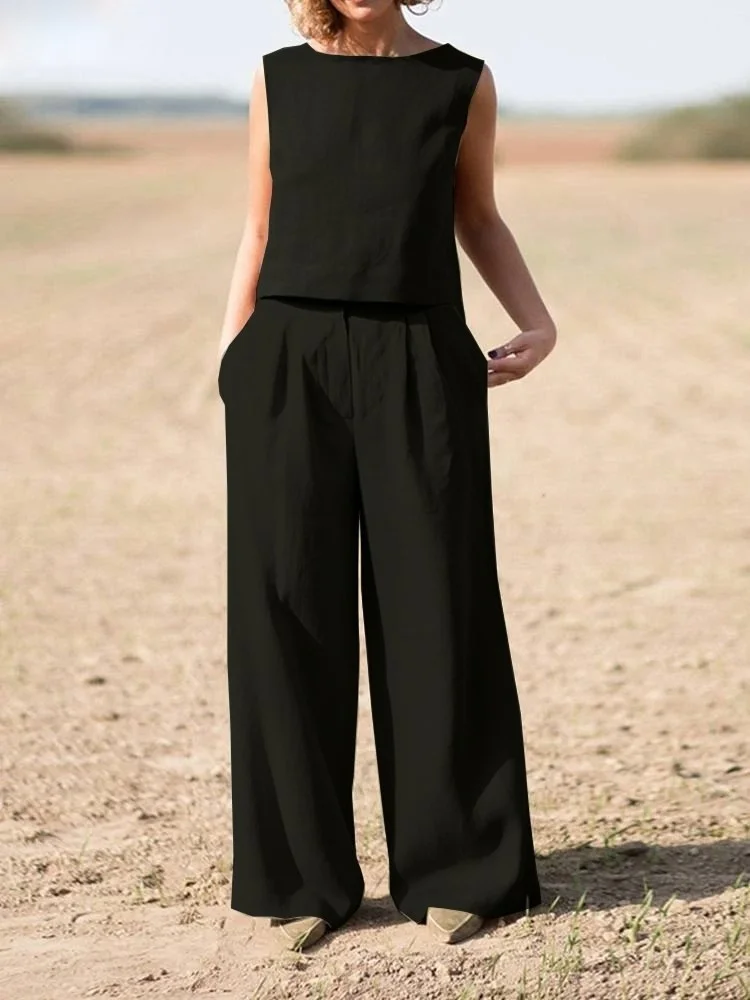 Barbora Linen Casual Sleeveless Top and Bottom Women's Set LN08SIYAH20