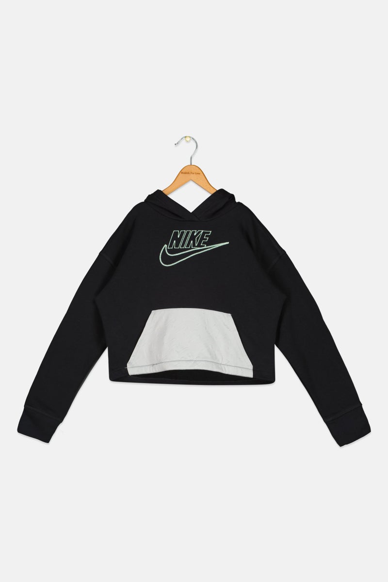 Nike Kids Girl Embroidered Logo Long Sleeve Outdoor Hooded Sweatshirt, Black - Image 2