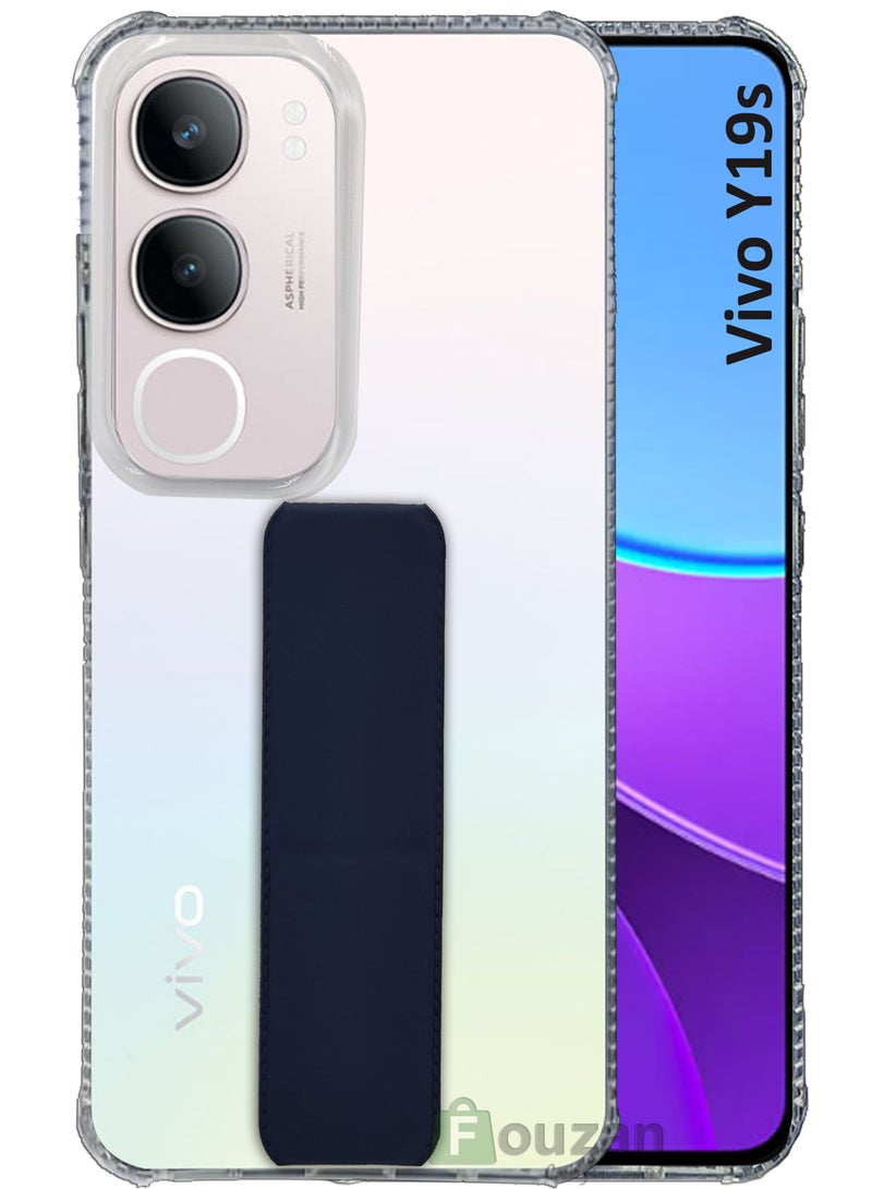 For Vivo Y19s - Transparent Shock Proof Silicone- Magnetic Case With Hand Grip Holder & Kickstand -Clear/Navy Blue - Image 1