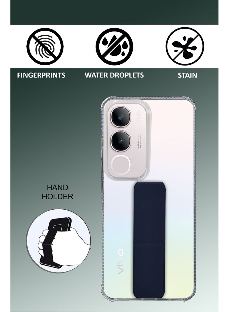 For Vivo Y19s - Transparent Shock Proof Silicone- Magnetic Case With Hand Grip Holder & Kickstand -Clear/Navy Blue - Image 2