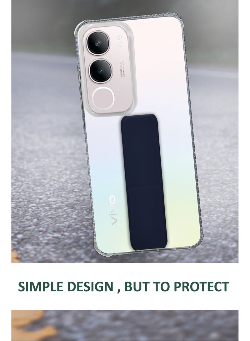 For Vivo Y19s - Transparent Shock Proof Silicone- Magnetic Case With Hand Grip Holder & Kickstand -Clear/Navy Blue - Image 3