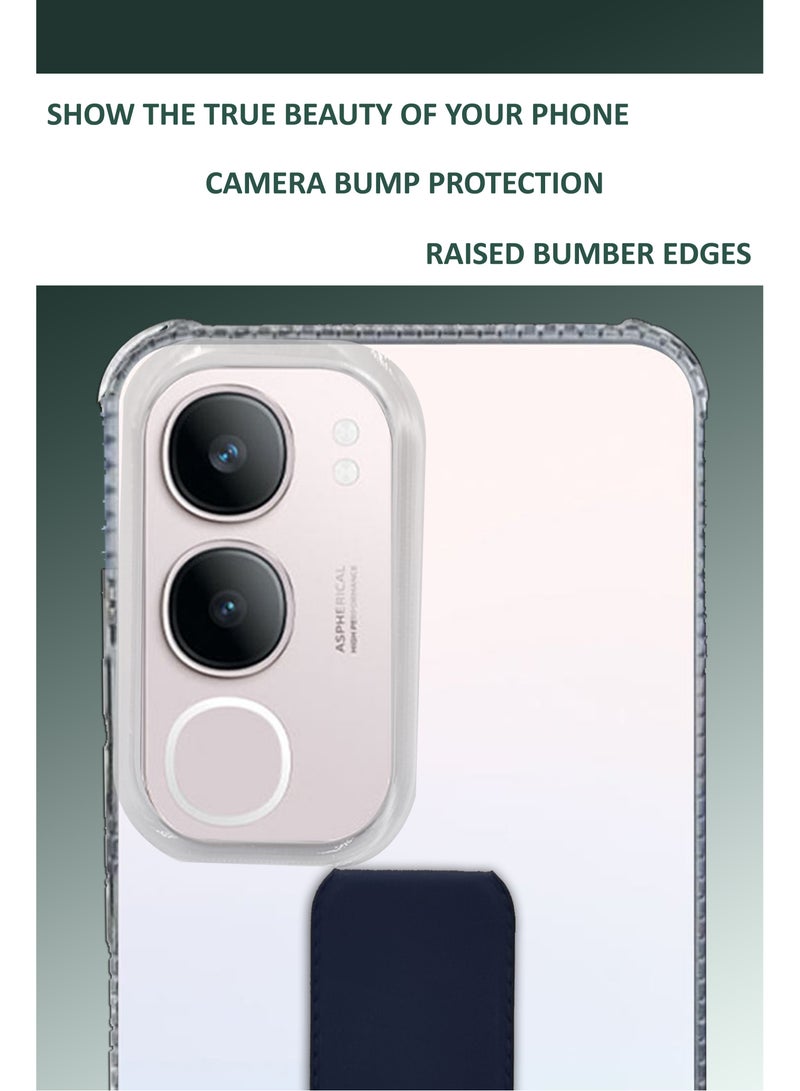For Vivo Y19s - Transparent Shock Proof Silicone- Magnetic Case With Hand Grip Holder & Kickstand -Clear/Navy Blue - Image 4