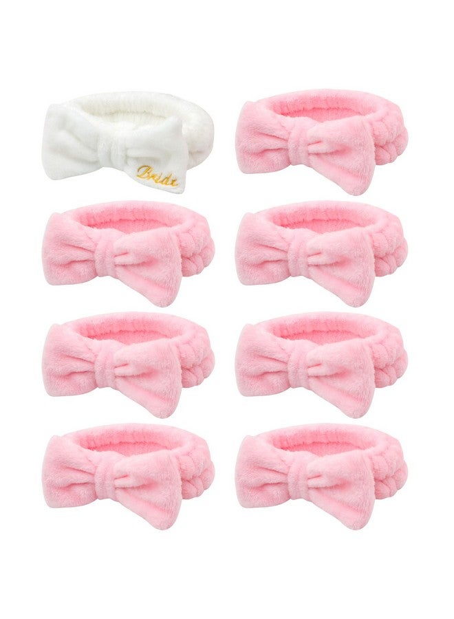 Semato Bachelorette Party Favor Set Bride Spa Headband 1 Pack Bride White Headband And 7 Pcs Bridesmaid Pink Headband Skincare Headbands For Women Cute Bow Head Bands Party Supplies - Image 1