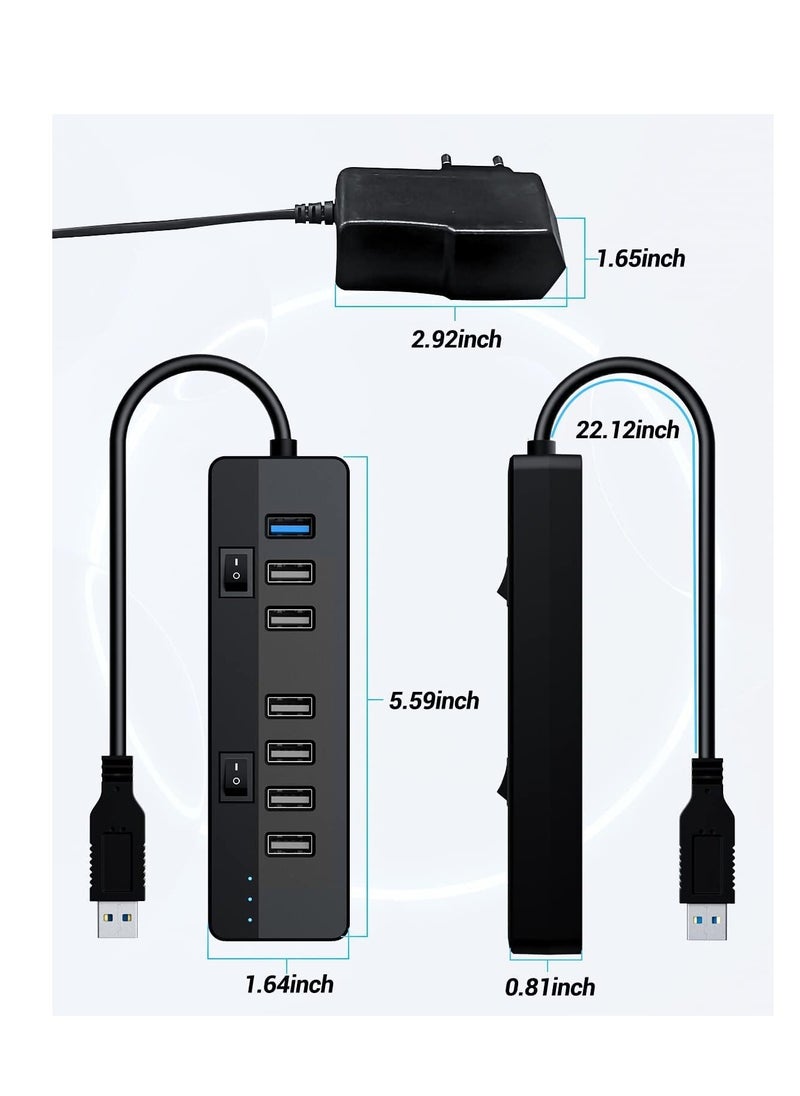 KASTWAVE - USB 3.0 Hub Powered With 10W Power Adapter，1 Port USB 3.0+ 6 Port USB 2.0 Data Hub Portable USB Splitter with Individual On/Off Switches for Mouse, Keyboard, Hard Drive and More USB Devices - Image 1