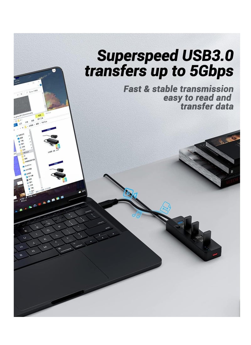 KASTWAVE - USB 3.0 Hub Powered With 10W Power Adapter，1 Port USB 3.0+ 6 Port USB 2.0 Data Hub Portable USB Splitter with Individual On/Off Switches for Mouse, Keyboard, Hard Drive and More USB Devices - Image 1