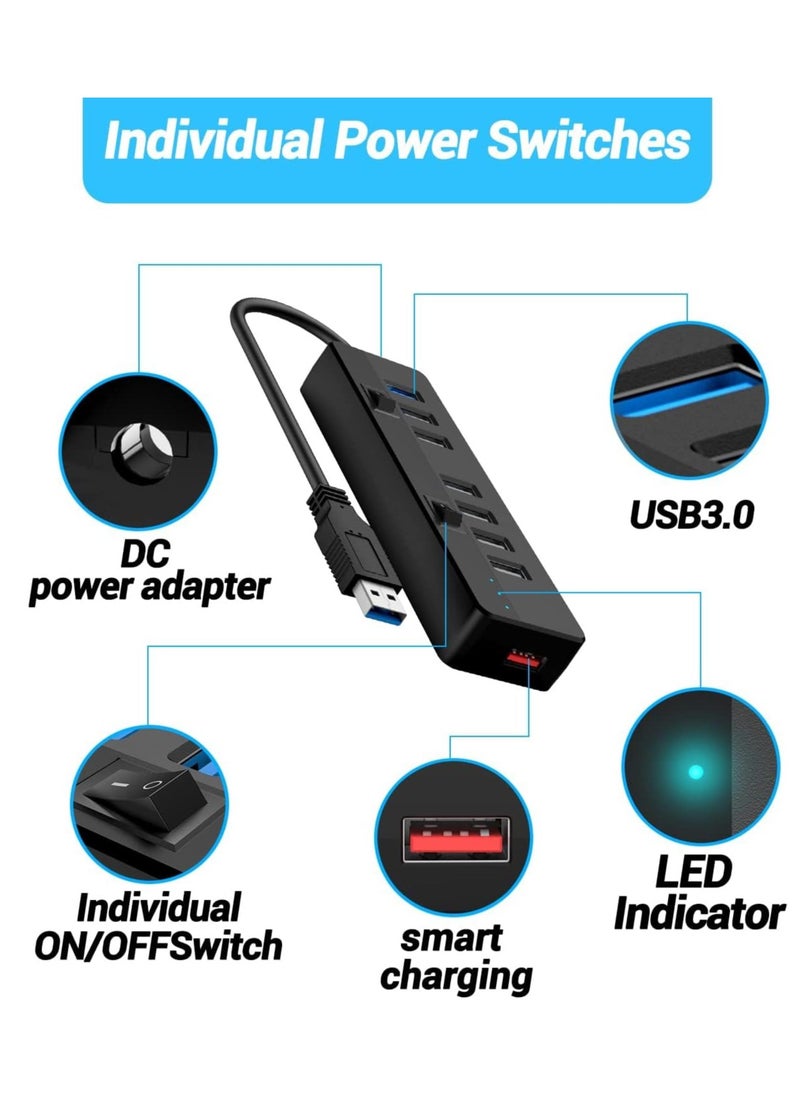 KASTWAVE - USB 3.0 Hub Powered With 10W Power Adapter，1 Port USB 3.0+ 6 Port USB 2.0 Data Hub Portable USB Splitter with Individual On/Off Switches for Mouse, Keyboard, Hard Drive and More USB Devices - Image 1