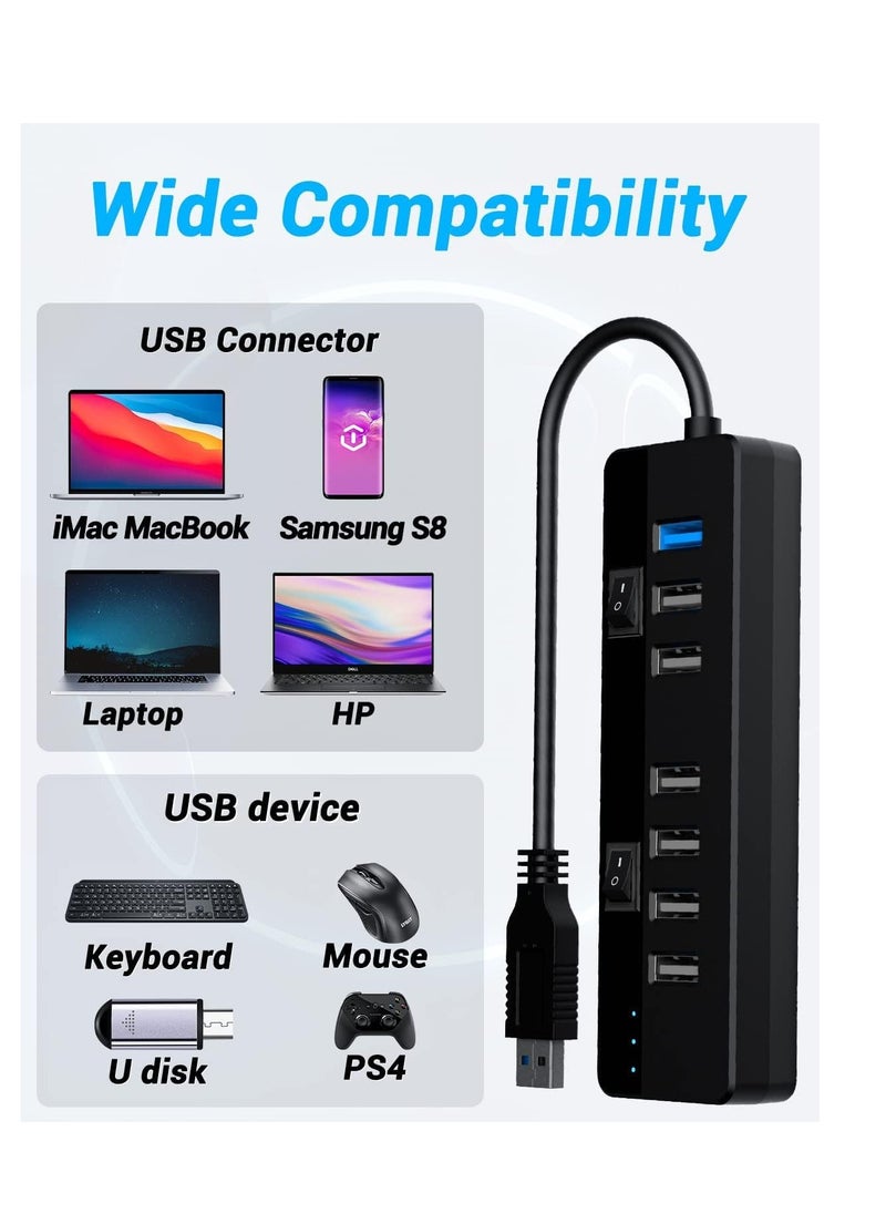 KASTWAVE - USB 3.0 Hub Powered With 10W Power Adapter，1 Port USB 3.0+ 6 Port USB 2.0 Data Hub Portable USB Splitter with Individual On/Off Switches for Mouse, Keyboard, Hard Drive and More USB Devices - Image 1