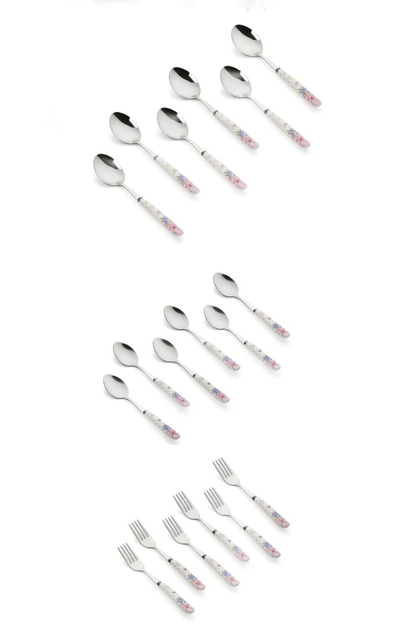 MGeezz Floral Stainless Steel Spoons Forks Set for Home Kitchen Restaurant Dinner Table Spoon Forks with Ceramic Handle Cutlery Set 6 Big Spoon 6 Small Spoon 6 Small Fork - Image 1