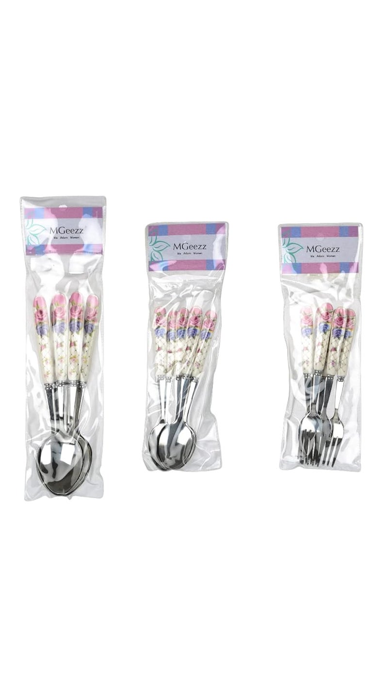 MGeezz Floral Stainless Steel Spoons Forks Set for Home Kitchen Restaurant Dinner Table Spoon Forks with Ceramic Handle Cutlery Set 6 Big Spoon 6 Small Spoon 6 Small Fork - Image 4