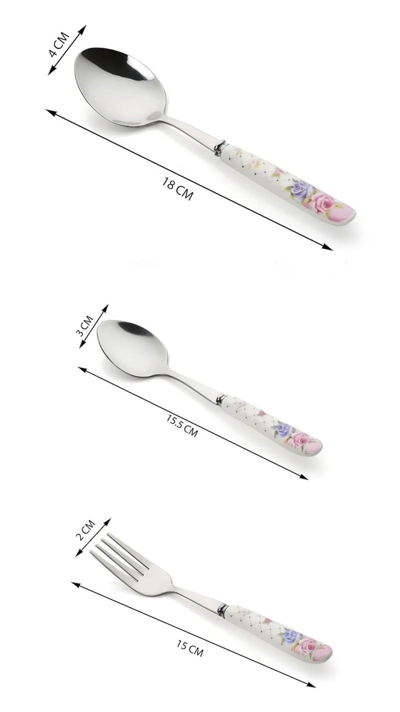 MGeezz Floral Stainless Steel Spoons Forks Set for Home Kitchen Restaurant Dinner Table Spoon Forks with Ceramic Handle Cutlery Set 6 Big Spoon 6 Small Spoon 6 Small Fork - Image 2