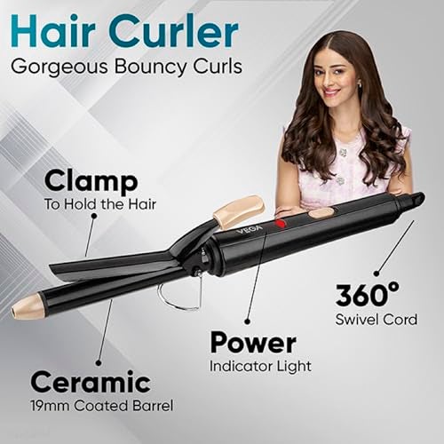 Vega Miss Versatile Styling Set Straightener, Curler & Dryer Gift Combo for Women, 1000W Hair Dryer with 2 Head/Speed Setting, Hair Straightener & Curler Comes with Ceramic Coated, (VHSS-03), Black - Image 2