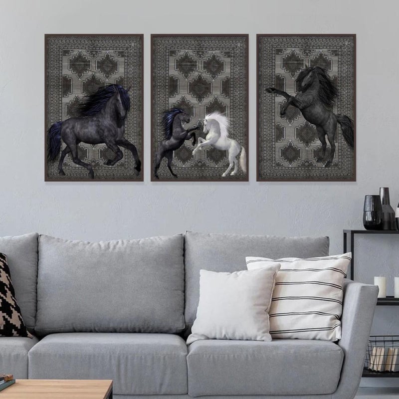 Marktna Three canvas paintings with a horse design and a hollow frame, measuring (90×40), three pieces - Image 3