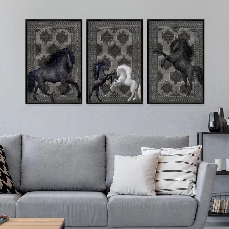 Marktna Three canvas paintings with a horse design and a hollow frame, measuring (90×40), three pieces - Image 2