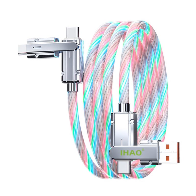 IHAO كابل شاحن IHAO متعدد المنافذ 4 تركيبات في كابل واحد USBA/USBC إلى USB C سريع الشحن مع إضاءة LED متدفقة متوافق مع معظم الأجهزة الكهربائية - 39 بوصة ملون - Image 1