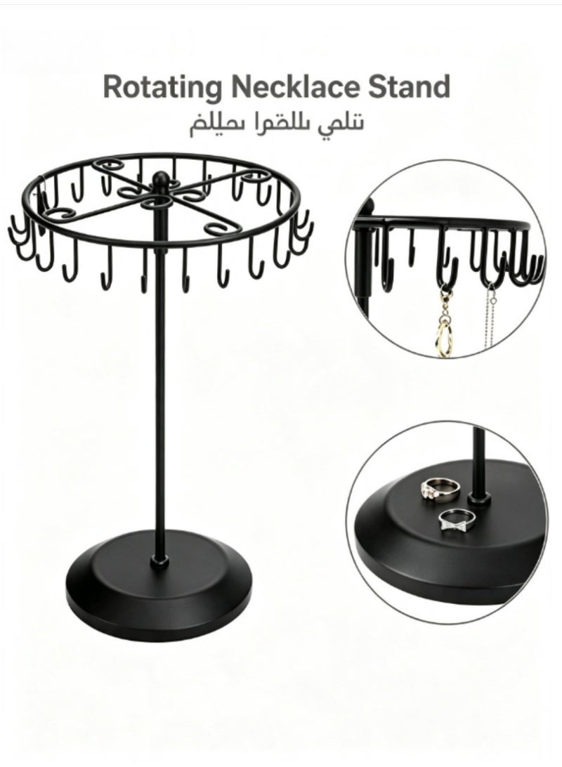 jaexest Rotating Necklace Holder – Jewelry Organizer Display Stand – 15.7-Inch Tall with 23 Hooks – Space-Saving Storage for Necklaces, Bracelets, Earrings – Black - Image 1